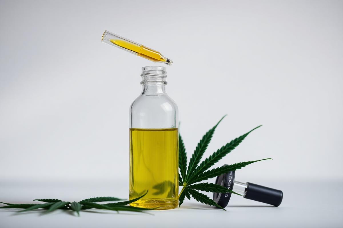 Clear glass bottle of CBD oil with a yellow lid at The Vape Lounge Javea